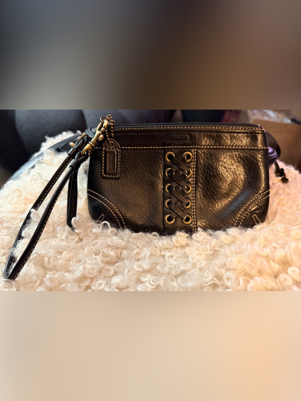Coach Black Leather Lace-Up Wristlet with Gold-Tone Hardware